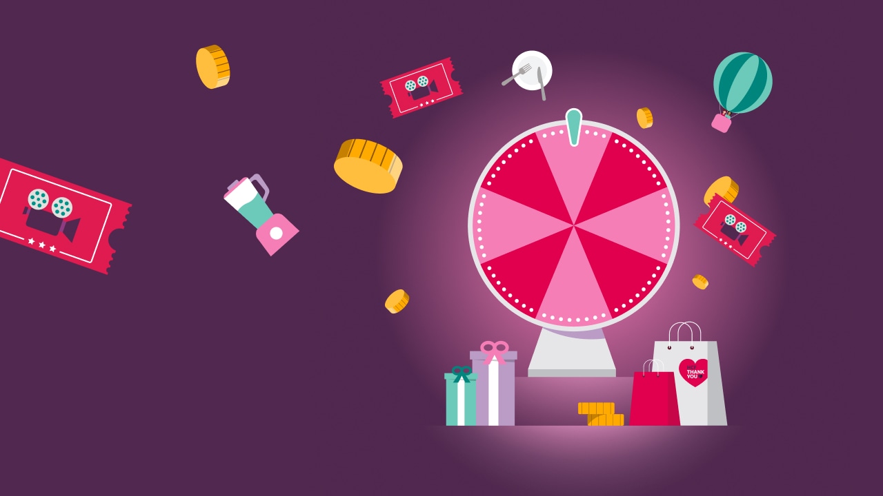 Illustration of spin to win game wheel and prizes for the HCF Thank You app competition on purple background.