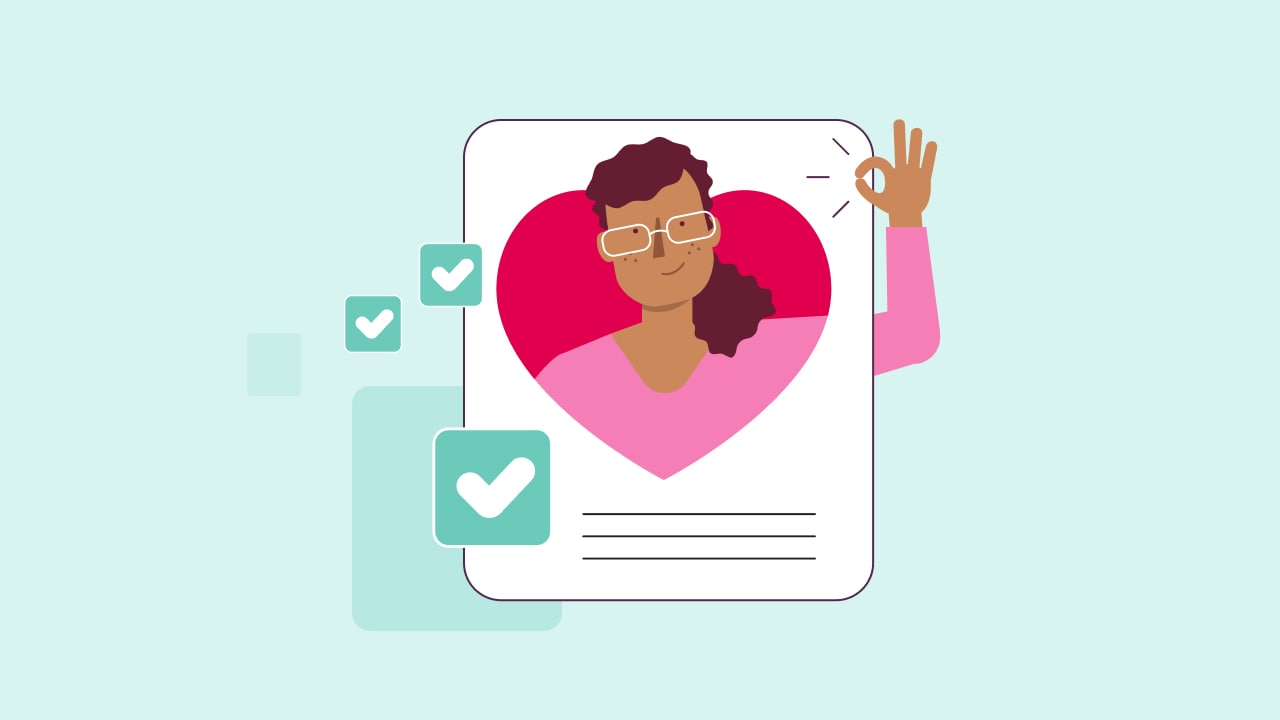 An illustration of a male headshot in a tablet surrounded by a love heart on a teal tint background.