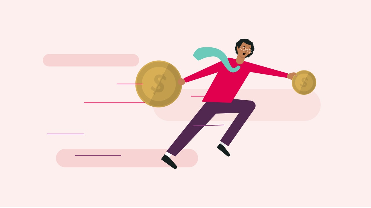 Illustration of a man running while holding a coin on a ruby tint background.