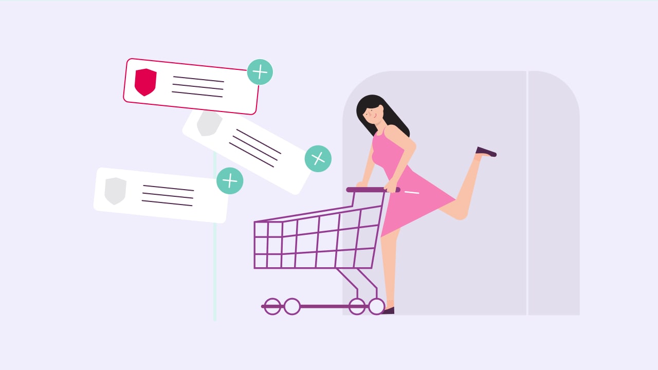 An illustration of a woman pushing a shopping trolley on a purple tiny background.