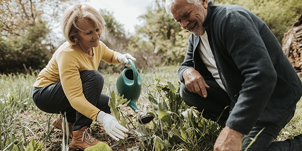 Photo of an elderly couple tending to plants in a yard