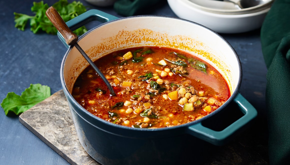 Pot of moroccan lamb and chickpea soup 