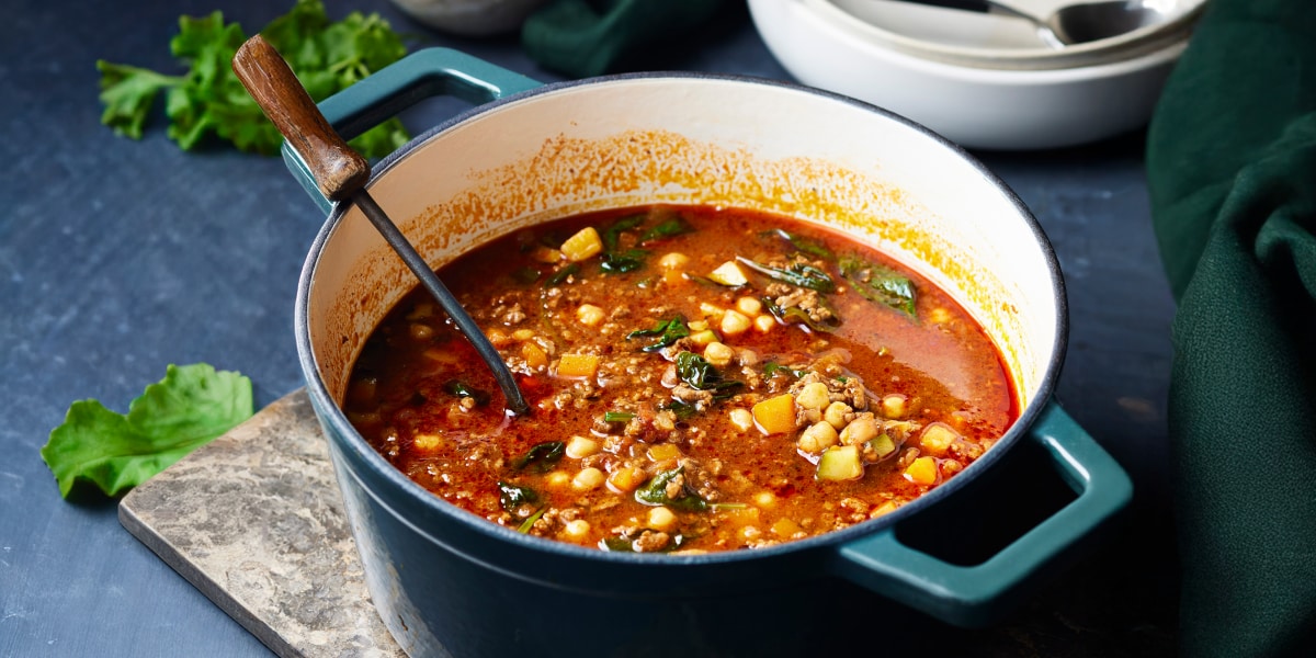 Pot of moroccan lamb and chickpea soup