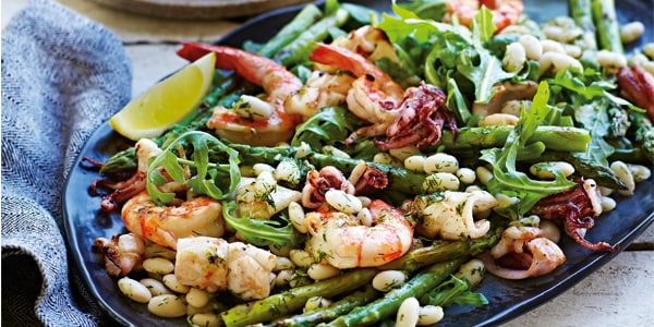 GRILLED SEAFOOD WITH BEANS AND A LEMON DILL DRESSING
