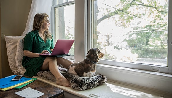Social isolation: Woman working on laptop at home with dog looking out the window.