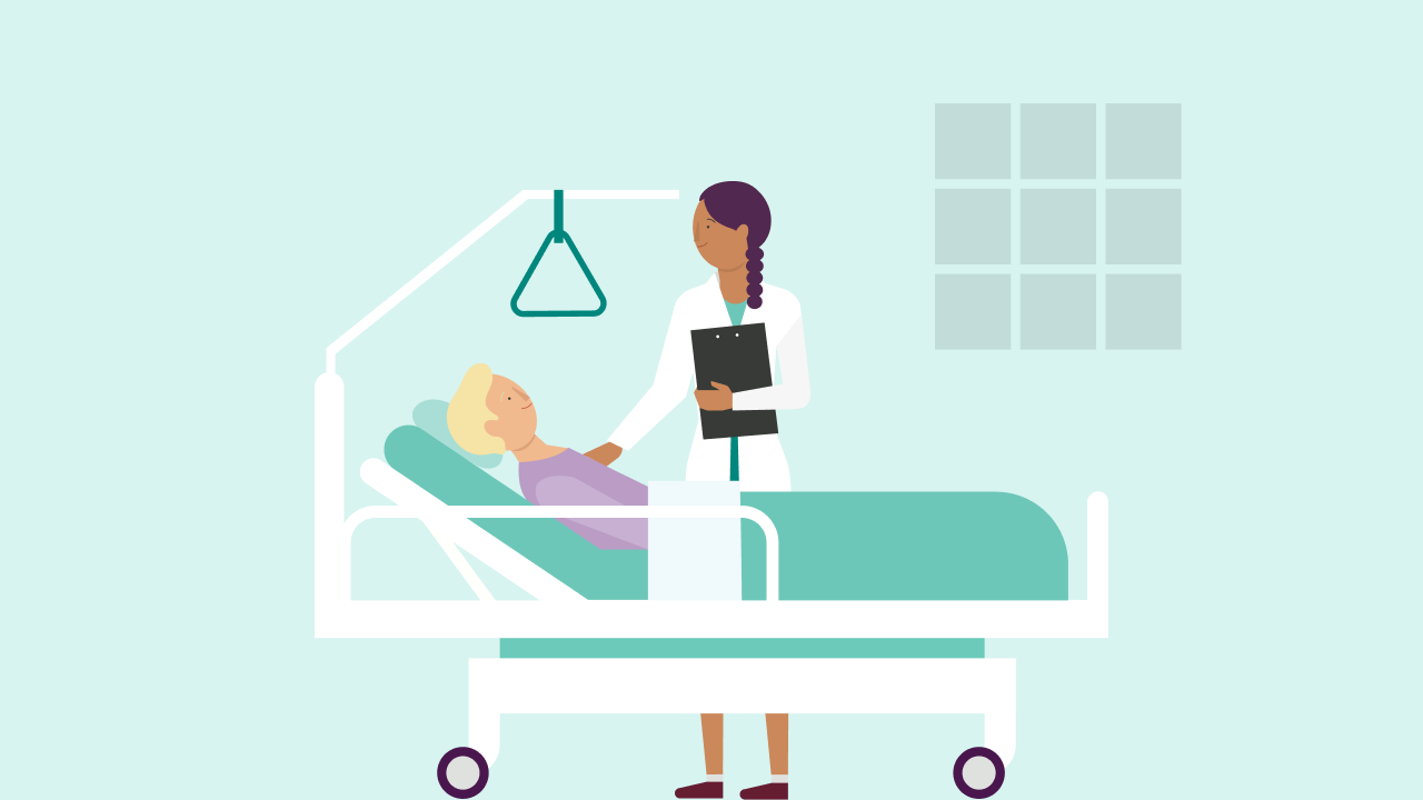 An illustration of a doctor talking to a patient in a hospital bed.