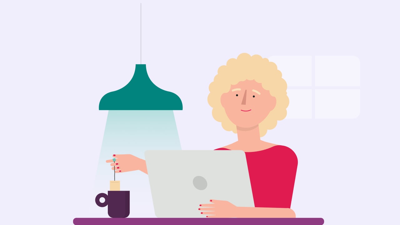 An illustration of a woman using a laptop while making a cup of tea.