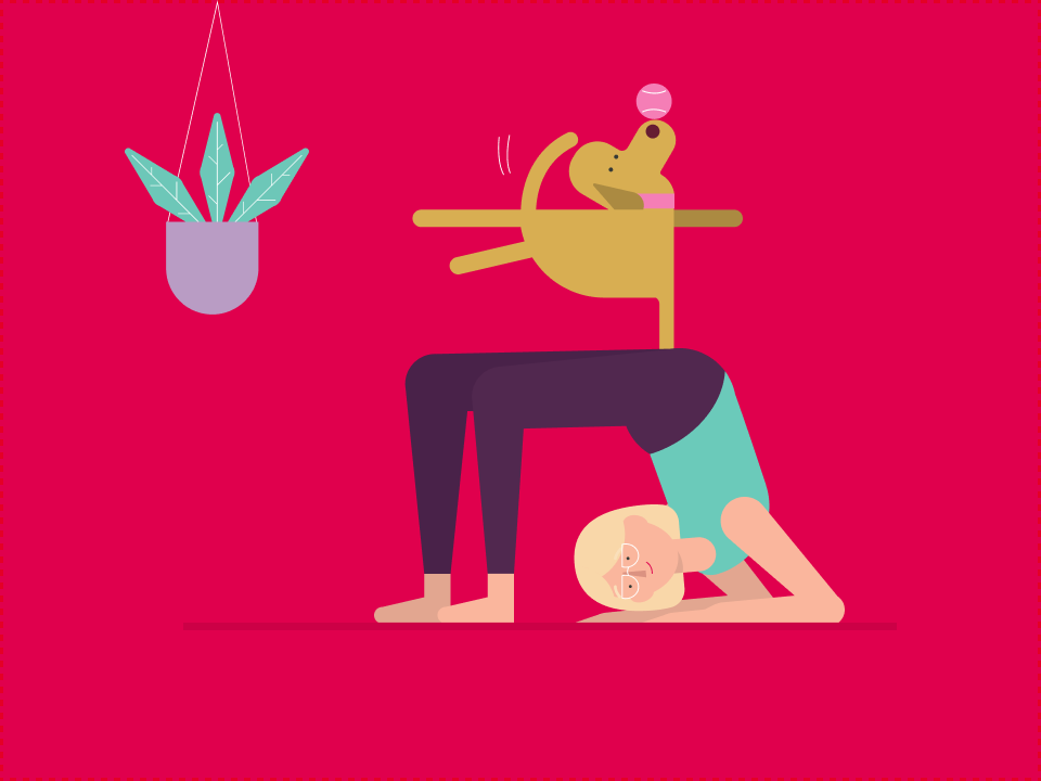 An illustration of a woman bending backwards with a dog balancing a ball on its nose.
