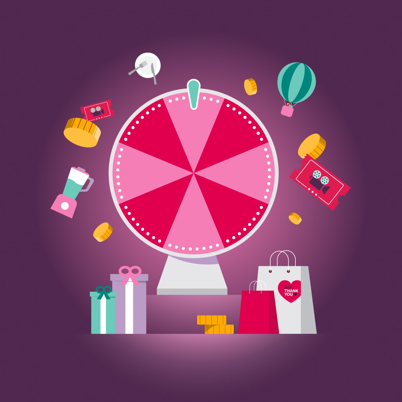 A spinning wheel game surrounded by prizes.