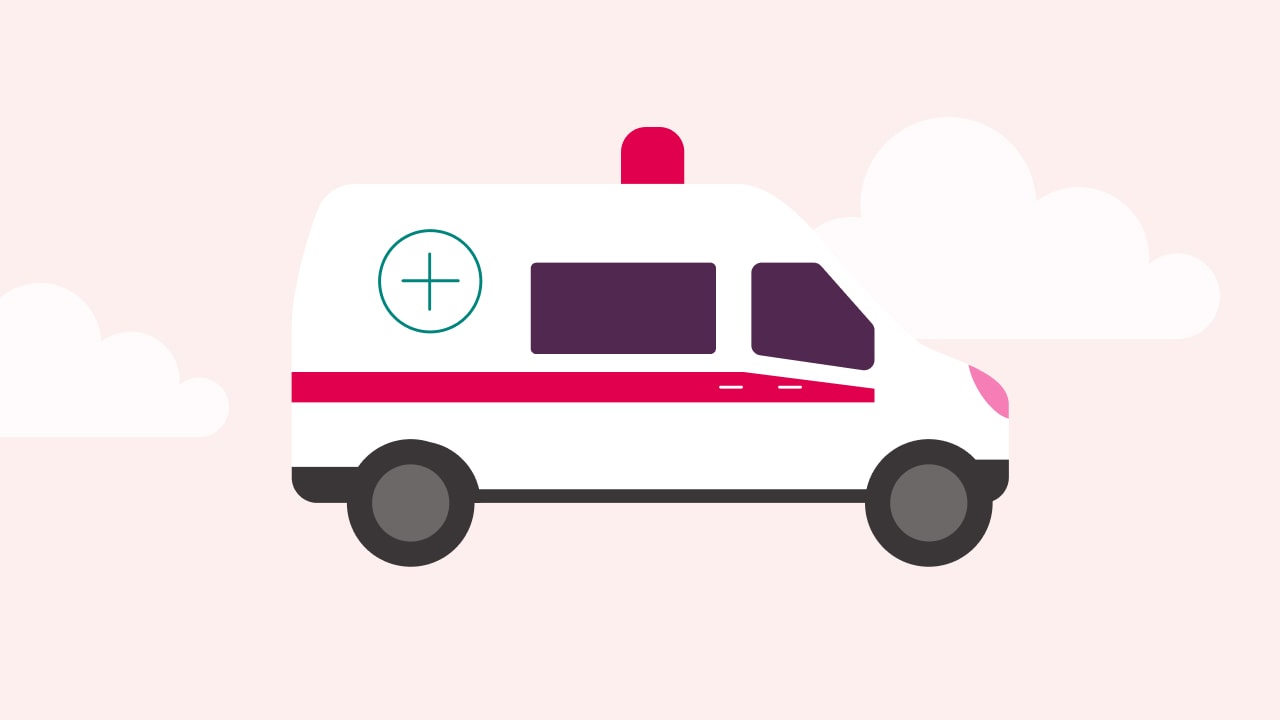 Illustration of an ambulance with a ruby tint background.