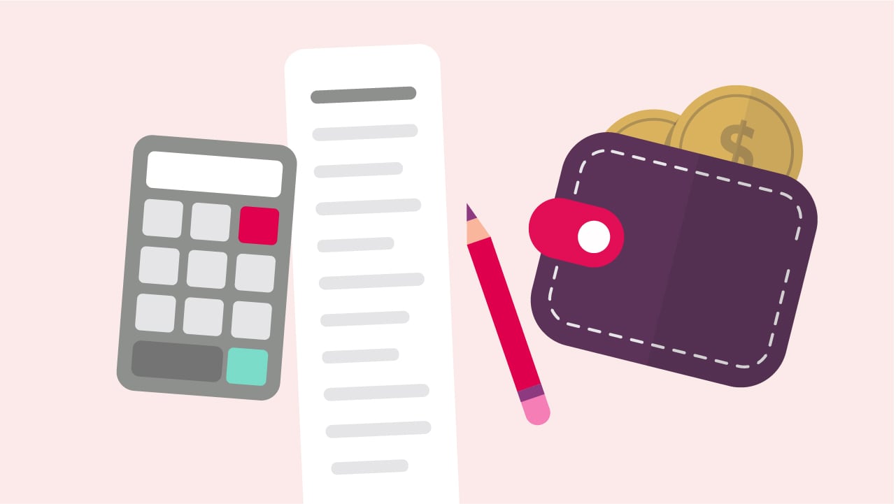 An illustration of a calculator, pen, wallet and notepad laid out next to each other.