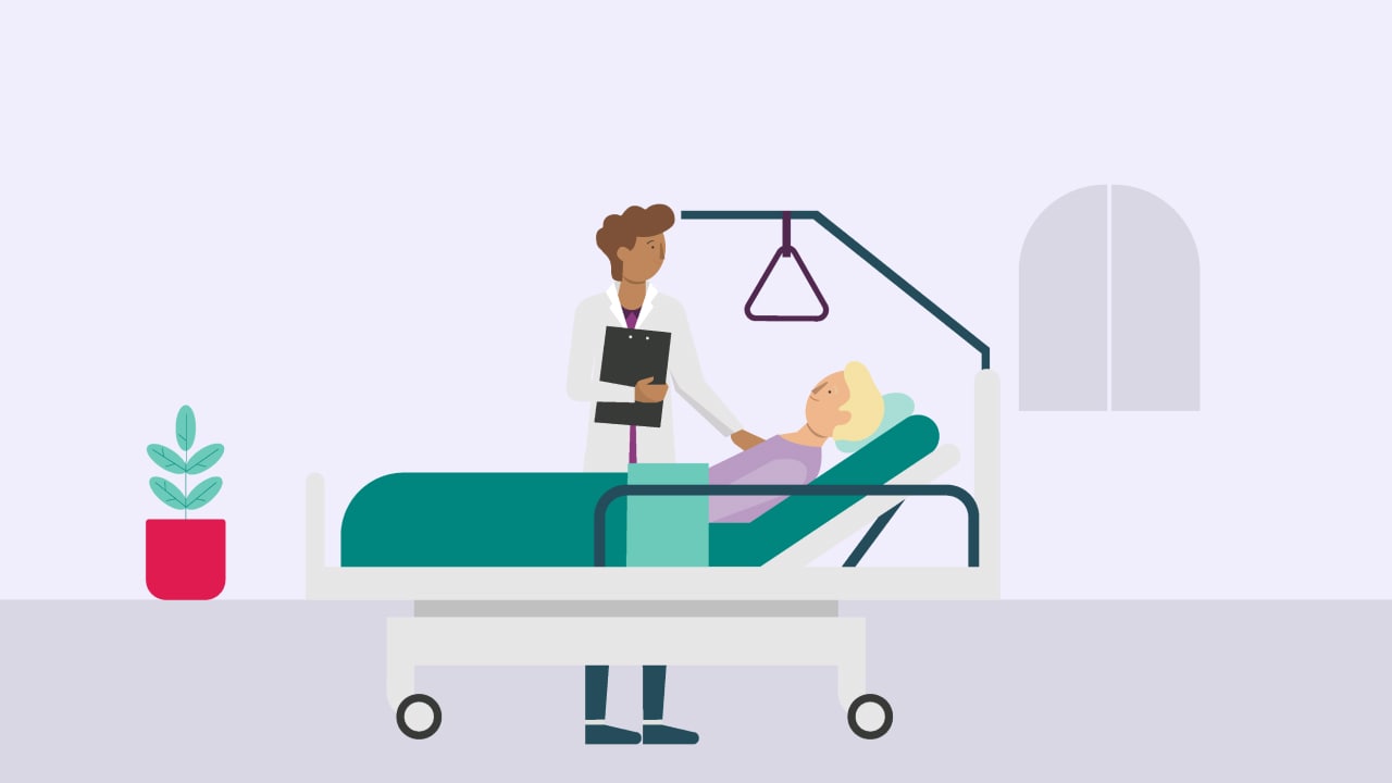 An illustration of a person reclining at an angle in a hospital bed, speaking to a medical doctor holding a clipboard.