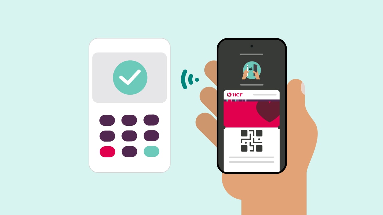 Illustration of a hand holding a smartphone with a QR code on screen and a terminal next to it.