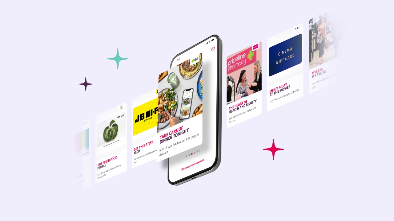 Illustration of the HCF Thank You app with several offer and discounts cards shown from popular retailers.
