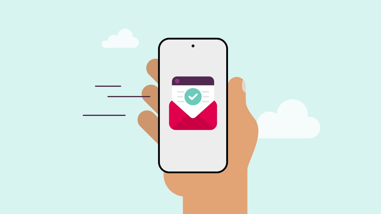 Illustration of a hand holding a smartphone with a verification email on screen.