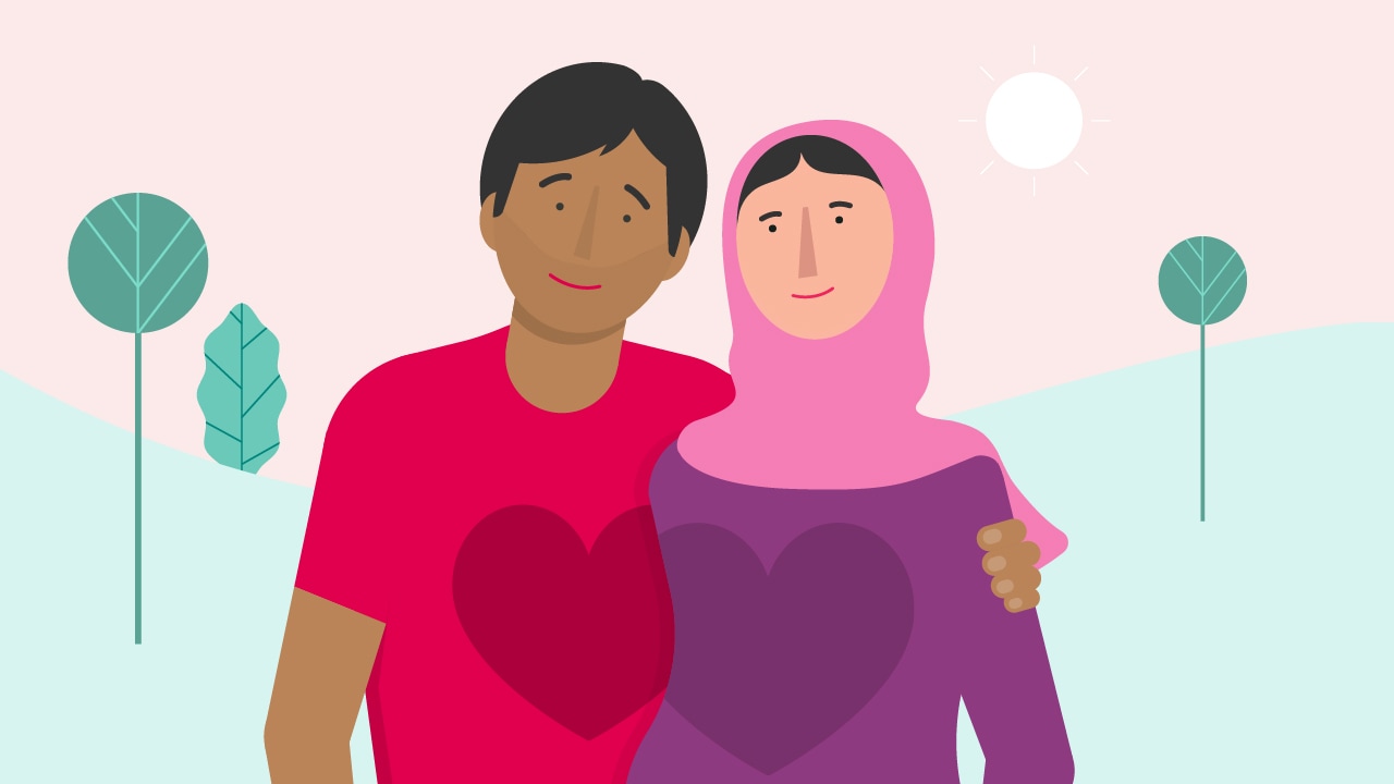 An illustration of a couple hugging while walking outdoors.
