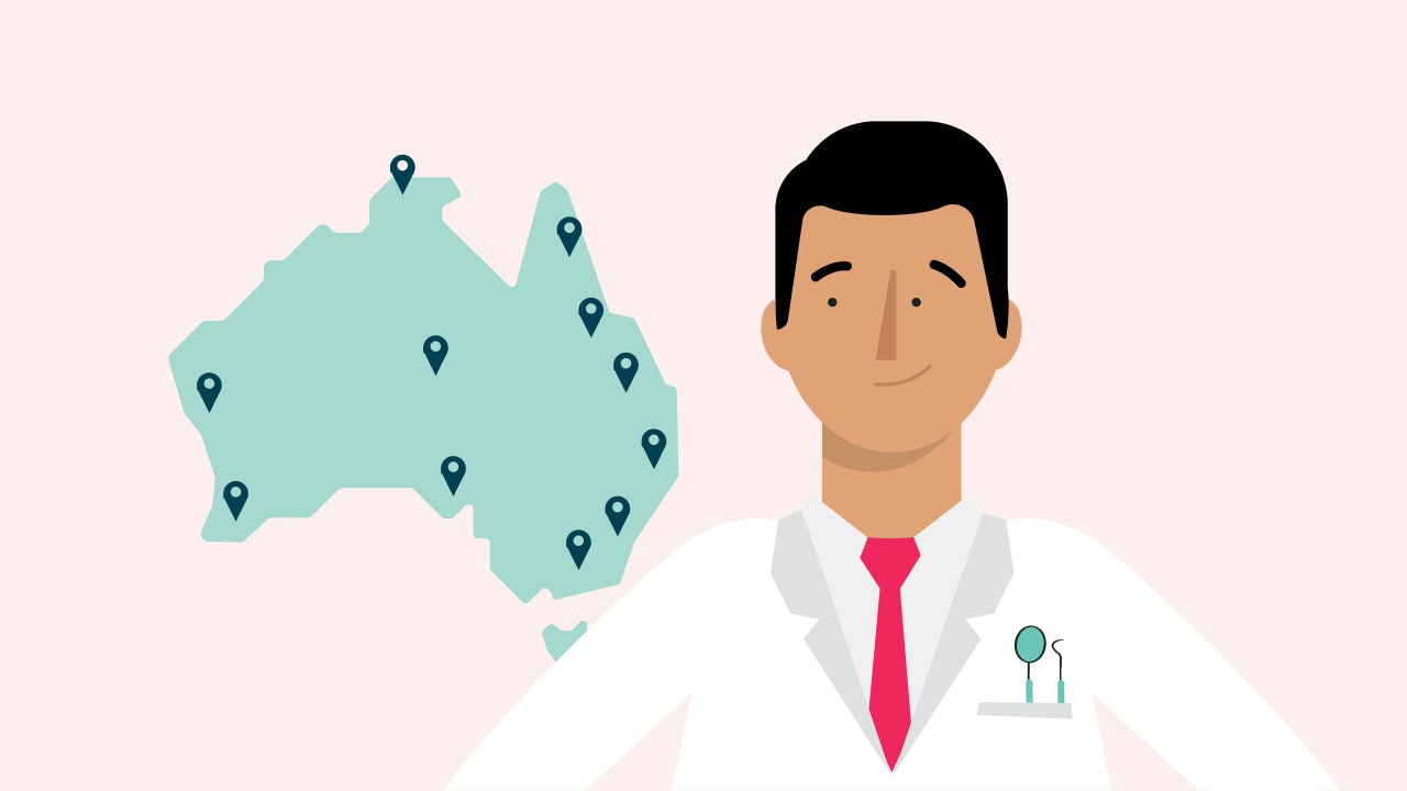 Illustration of a doctor standing in front of a map of Australia with a purple tint background.