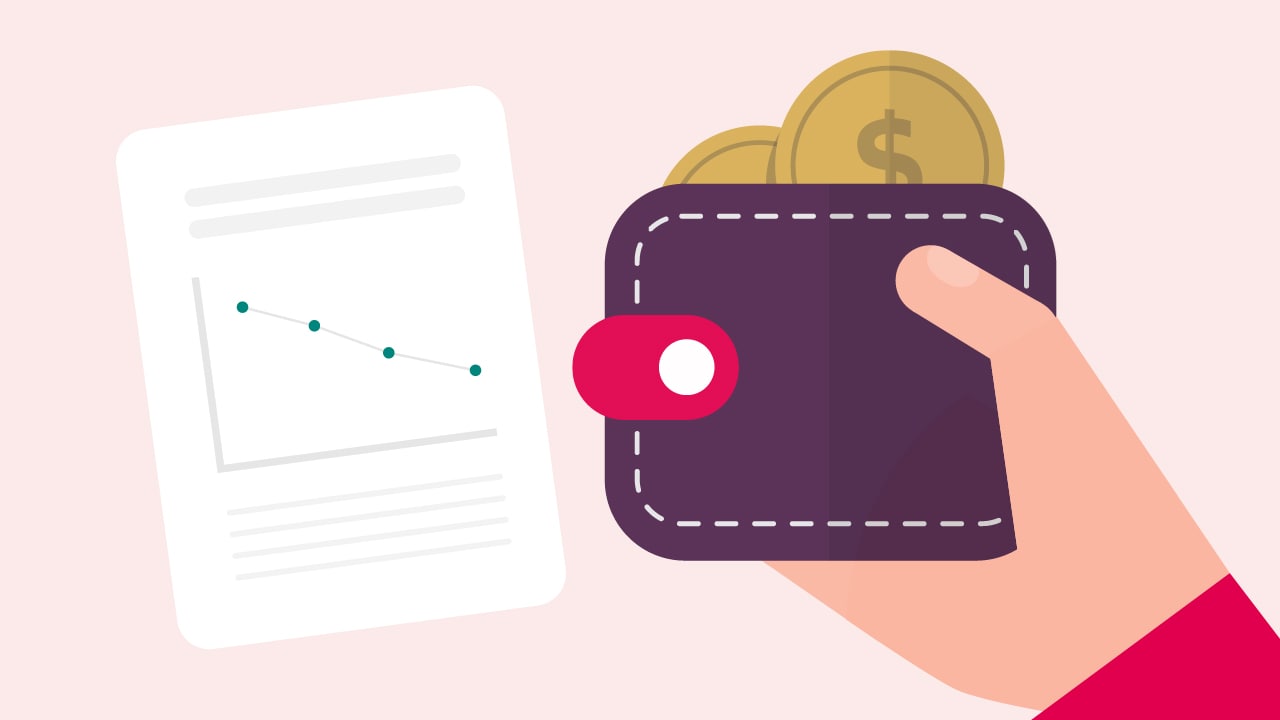 An illustration of a hand holding a wallet with coins.