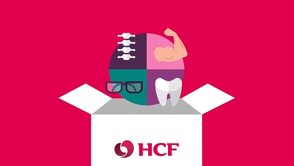 An illustration of an open box with a tooth, glasses, spine and an arm flexing above.
