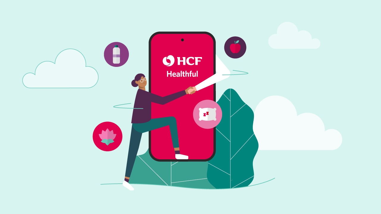 Illustration of a person standing next to a giant phone with the HCF healthful app display on it.