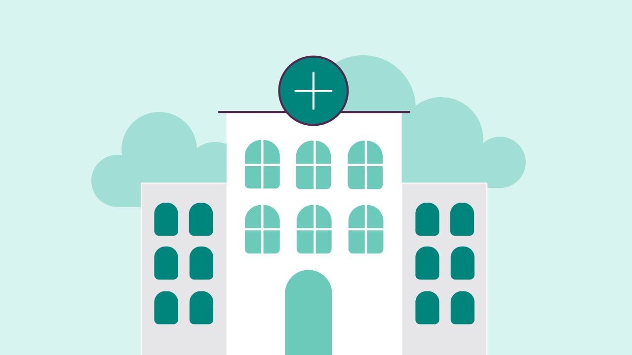 Illustration of an hospital buildin with a teal tint background.