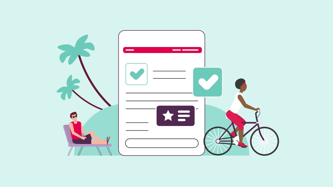 An illustration of an insurance certificate with a man lounging in the sun and a woman cycling.