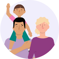 An illustration of a kid waving with their parents. 