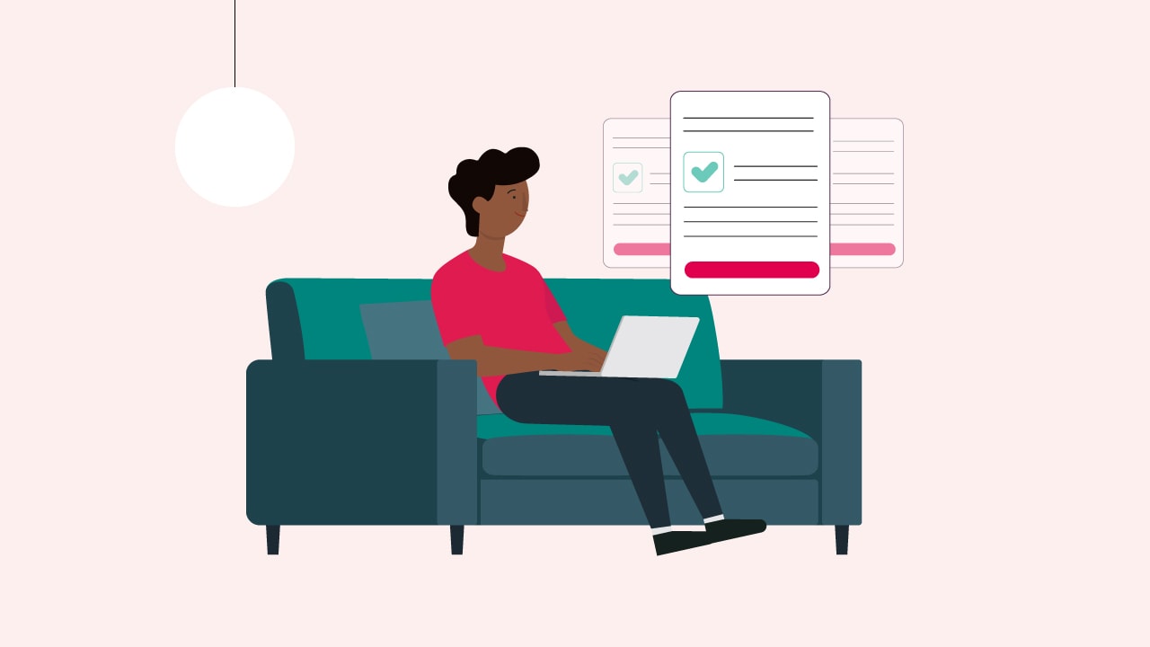 An illustration of a man sitting on the couch typing on their laptop with documents floating above.