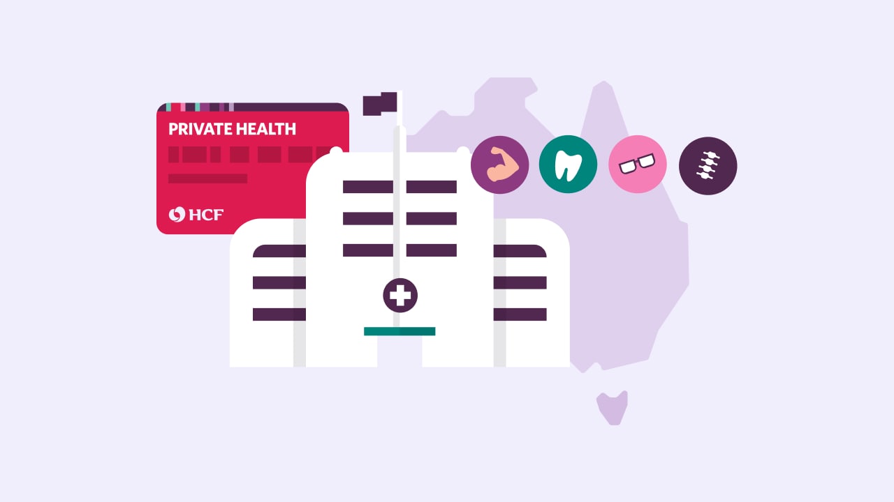 Illustration of a map of Australia with an hospital building at the front and an HCF membership card.