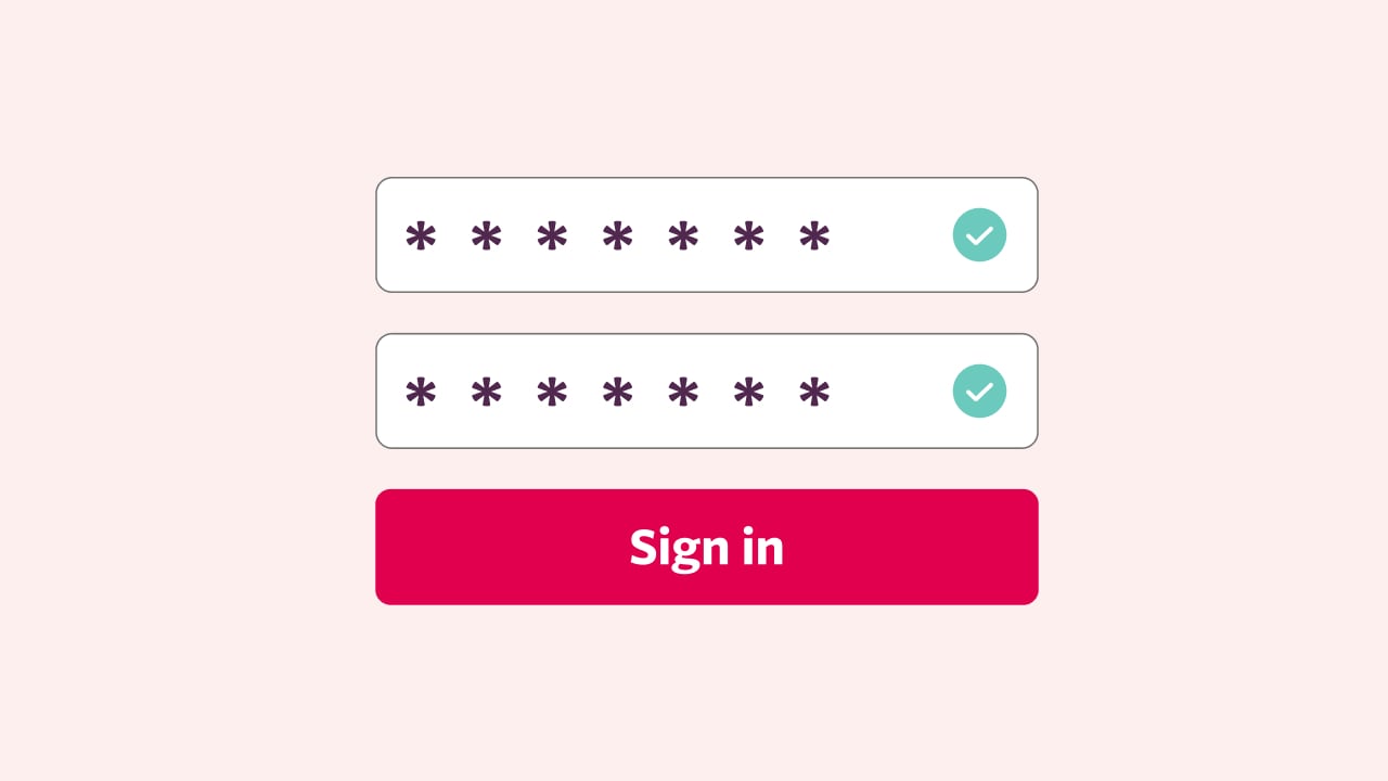 An illustration of a log in screen with a hidden password on a tinted ruby background.