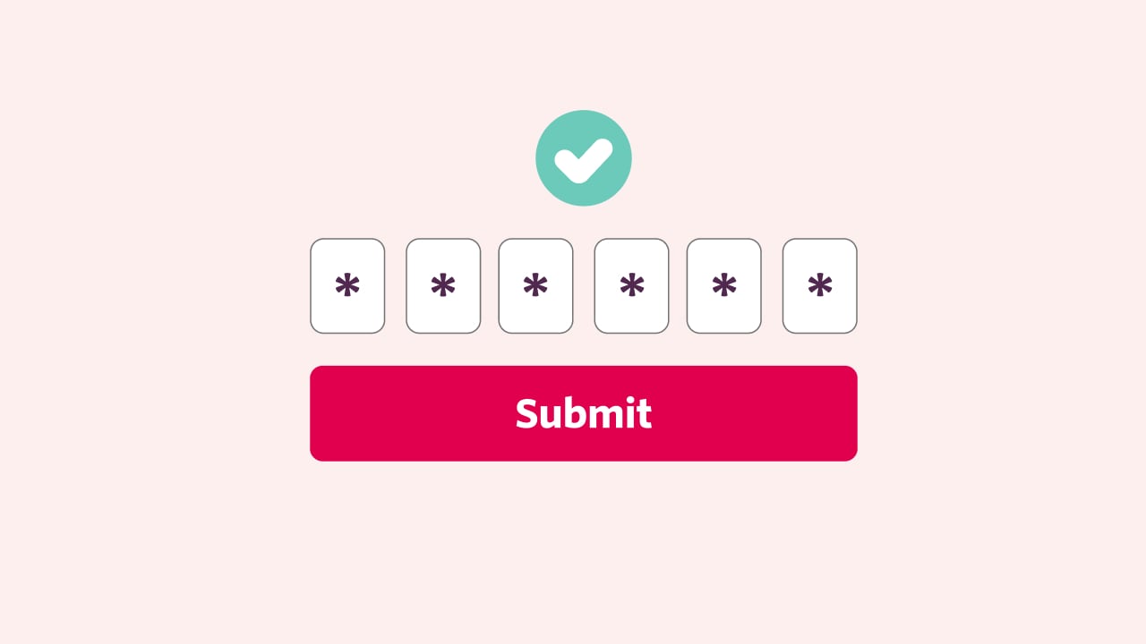 An illustration of a successful log in screen with a hidden password on a tinted ruby background.