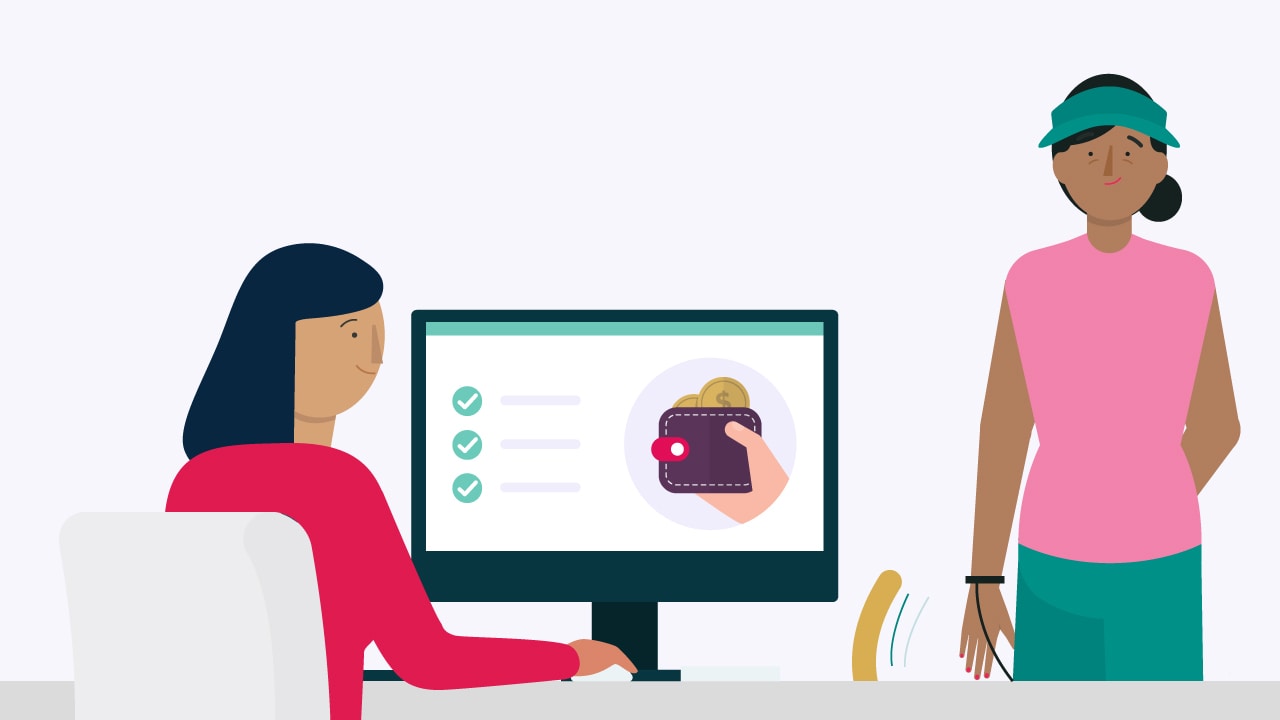 Illustration of a receptionist checking someone's vet cover while a woman waits with a leash.