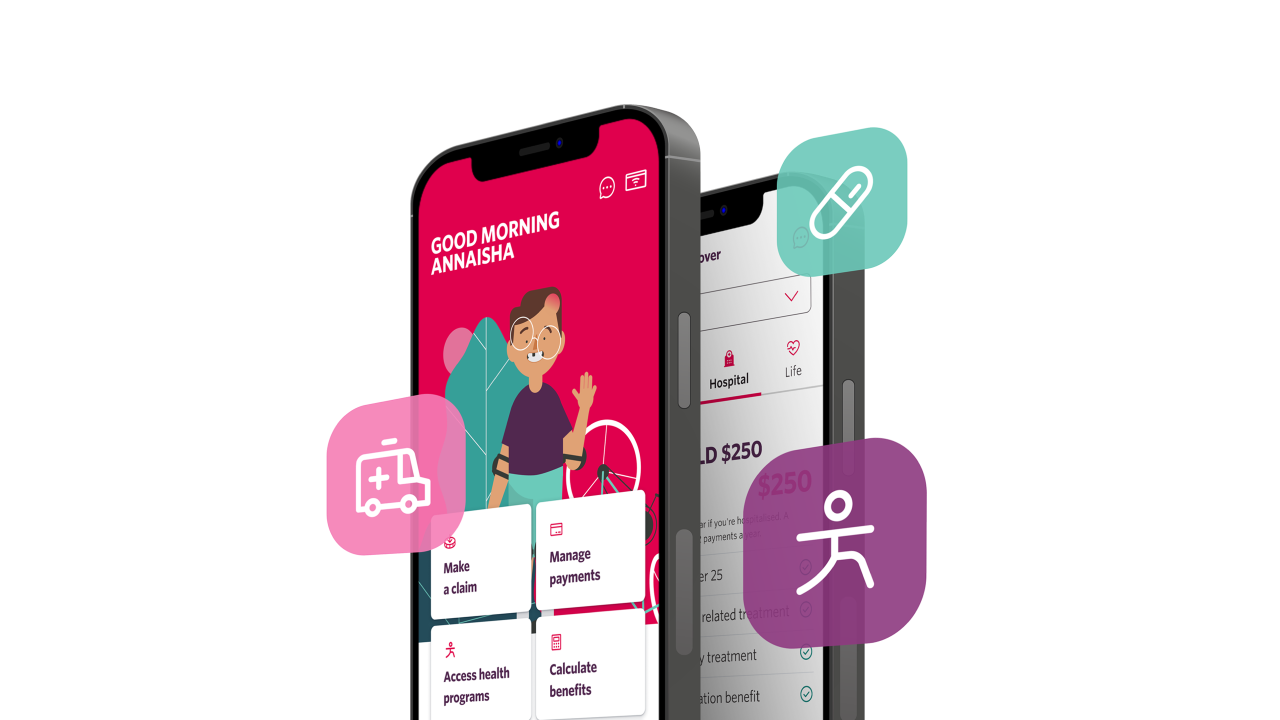Illustration of two phones with the My Membership app shown on screen and several icons swirling around.