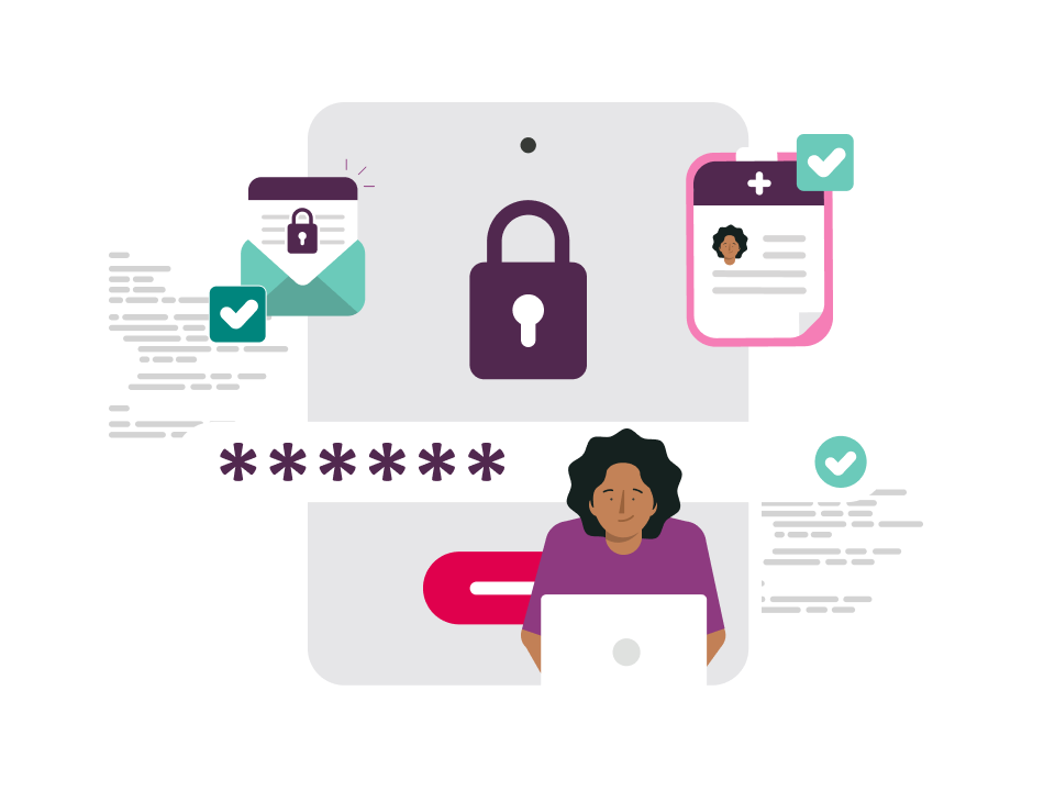 An illustration collage of security and fraud based imagery on a dark ruby background.