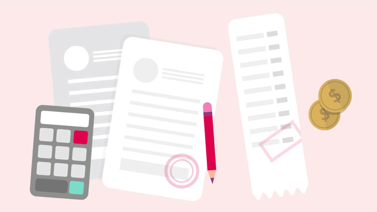 An illustraton of a calculator, coins and paperwork.