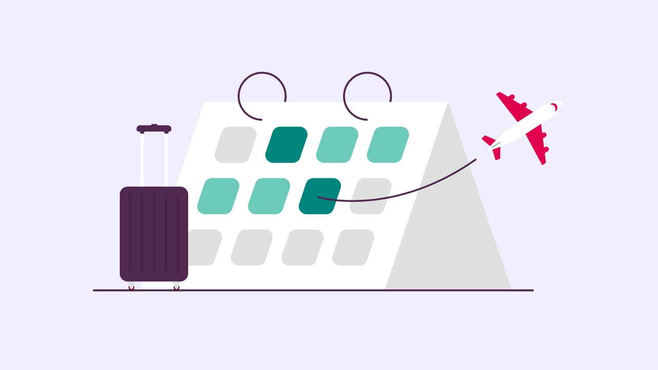 An illustration of a suitcase and calendar with dates highlighted and a plane flying away.