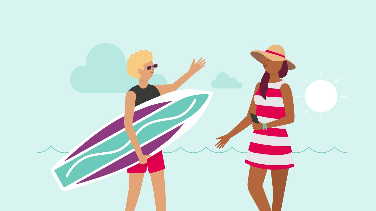 An illustration of international visitors on holiday, enjoying the sun at the beach.