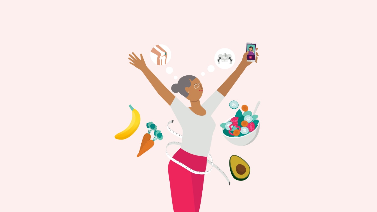 An illustration of a woman celebrating with a range of food icons behind her.