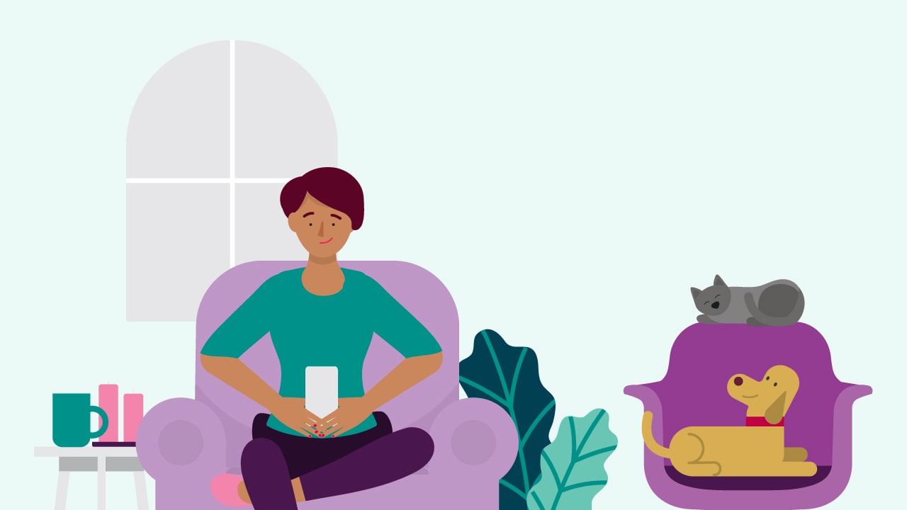 Illustration of a woman in an armchair using her smartphone with dog and cat beside her.