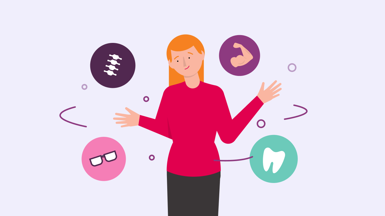 Illustration of a woman with extras cover icons around her on a purple tint background.