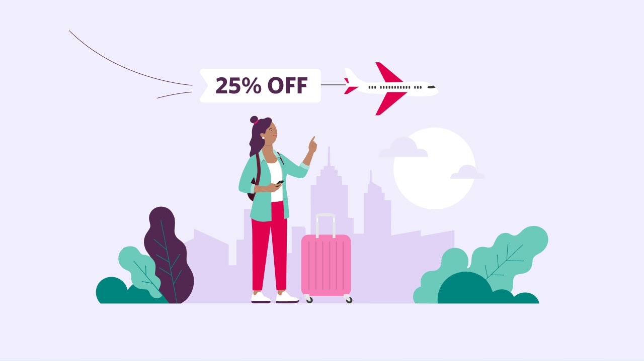 An illustration of a woman next to a suitcase with a discount offer and plane above.