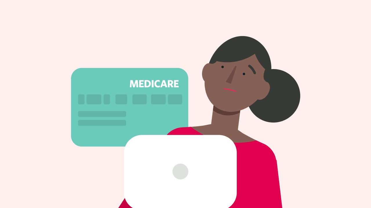 Illustration of a woman on her laptop with a Medicare card in the background.