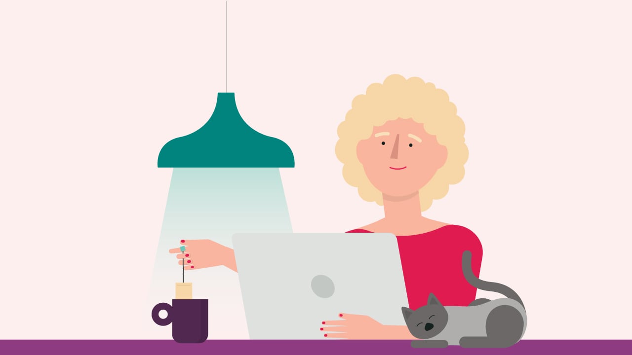 Illustration of a woman with tea checking pet insurance on a tablet with a cat beside her.