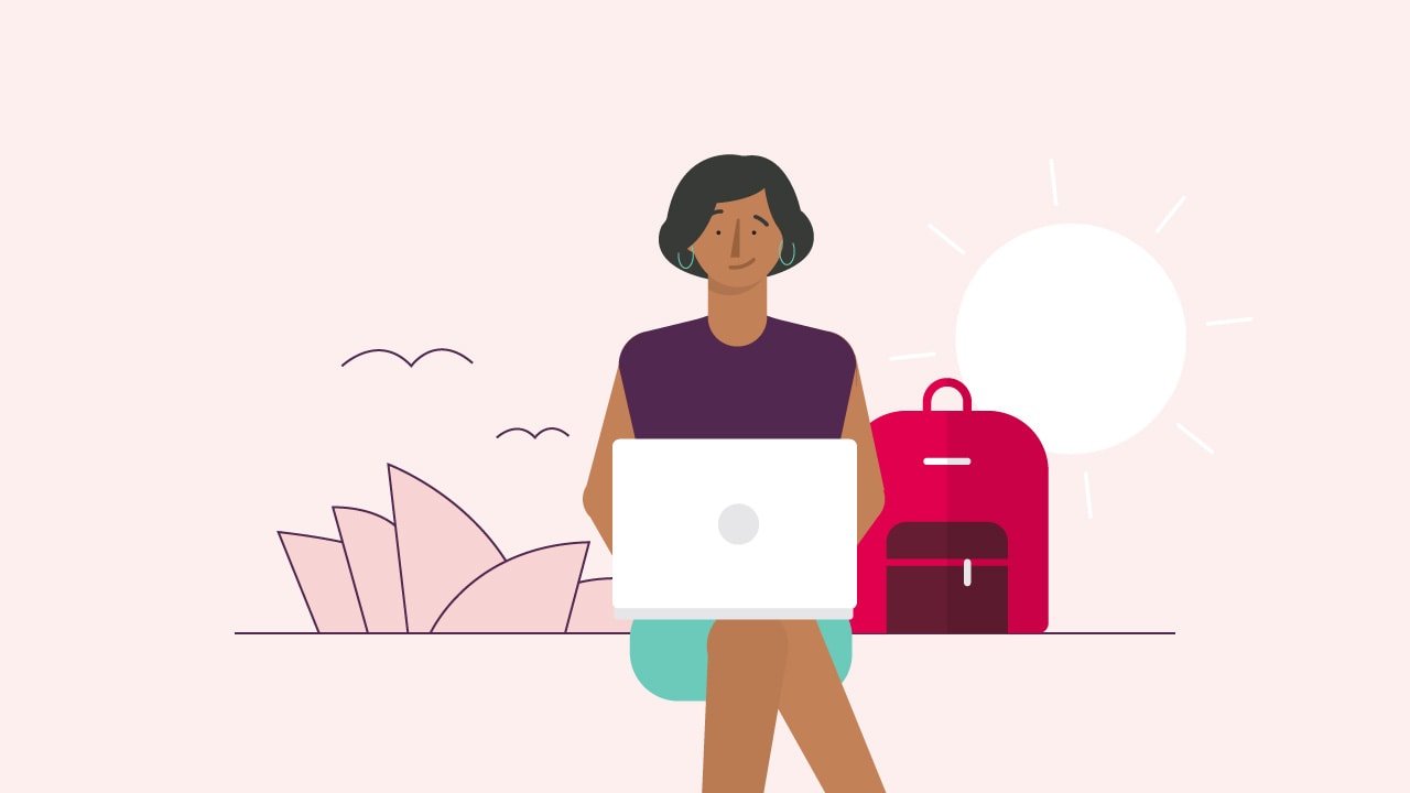 An illustration of an international visitor in Australia, working on the laptop and enjoying the attractions.