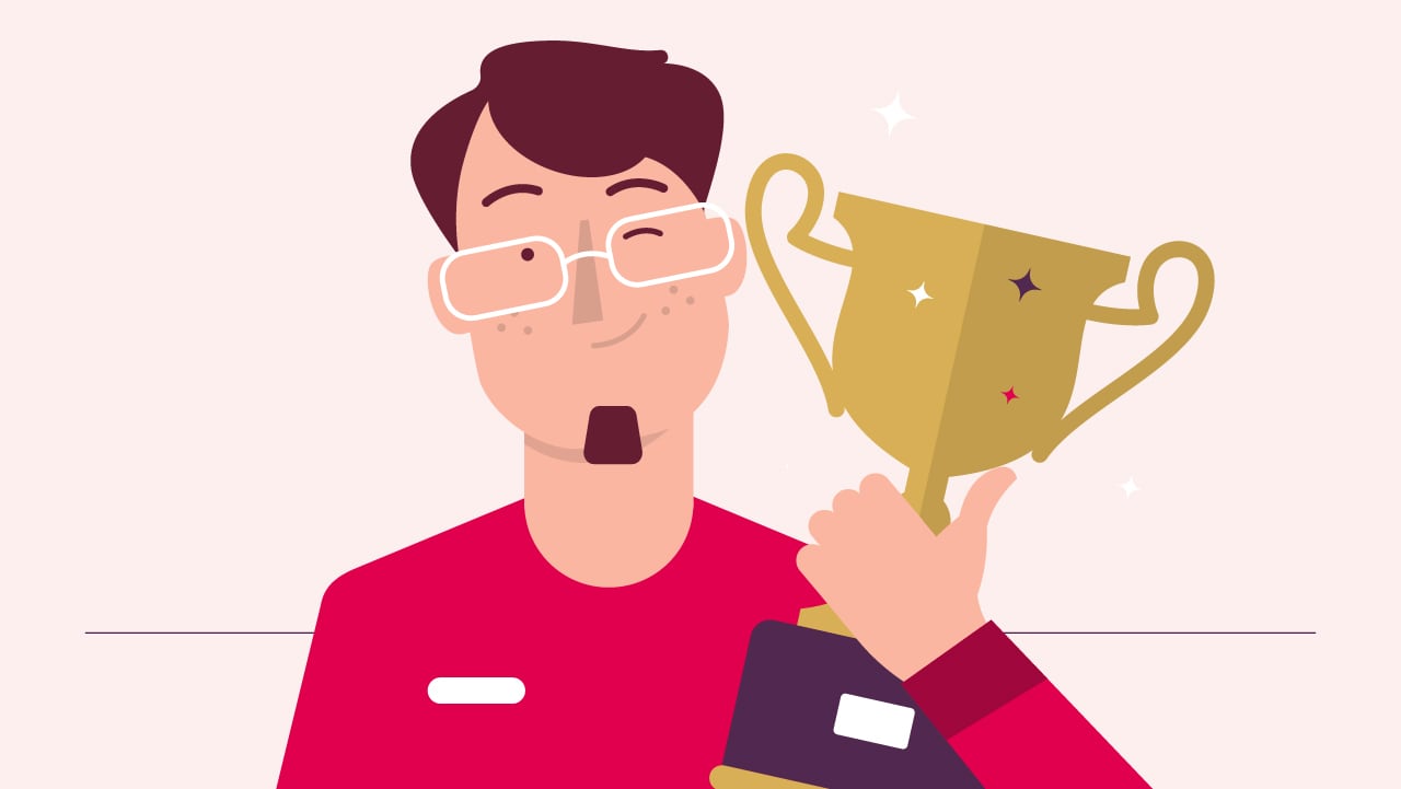 Illustration of a man holding a trophy.