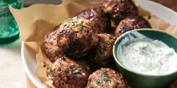 Greek-style, beef keftedes meatballs served with a yoghurt sauce