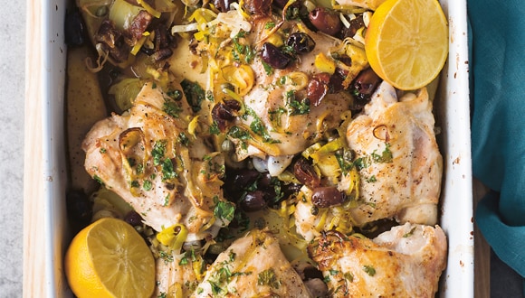 Mediterranean chicken in a serving dish, making the perfect family dinner option