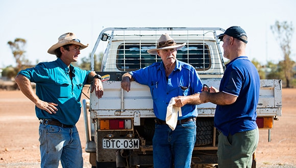 Men standing back of ute