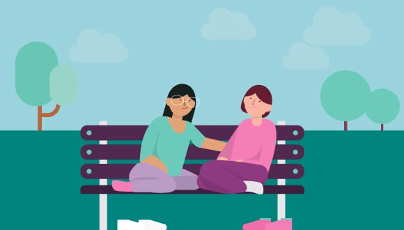 Illo of two ladies sitting on a bench talking about mental health